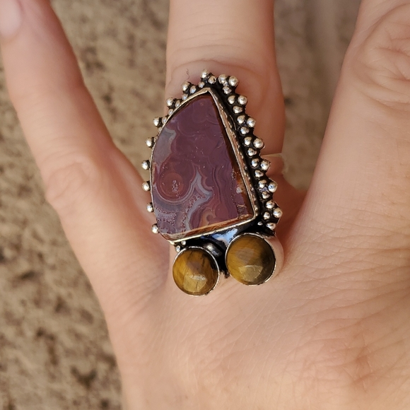 New Lake Superior Agate & Tiger Eye 925 Silver Ring. - Picture 9 of 13